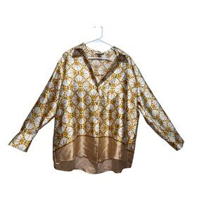 House of Harlow Satin Button Down Tshirt Womens XL Geometric Retro Print Disco